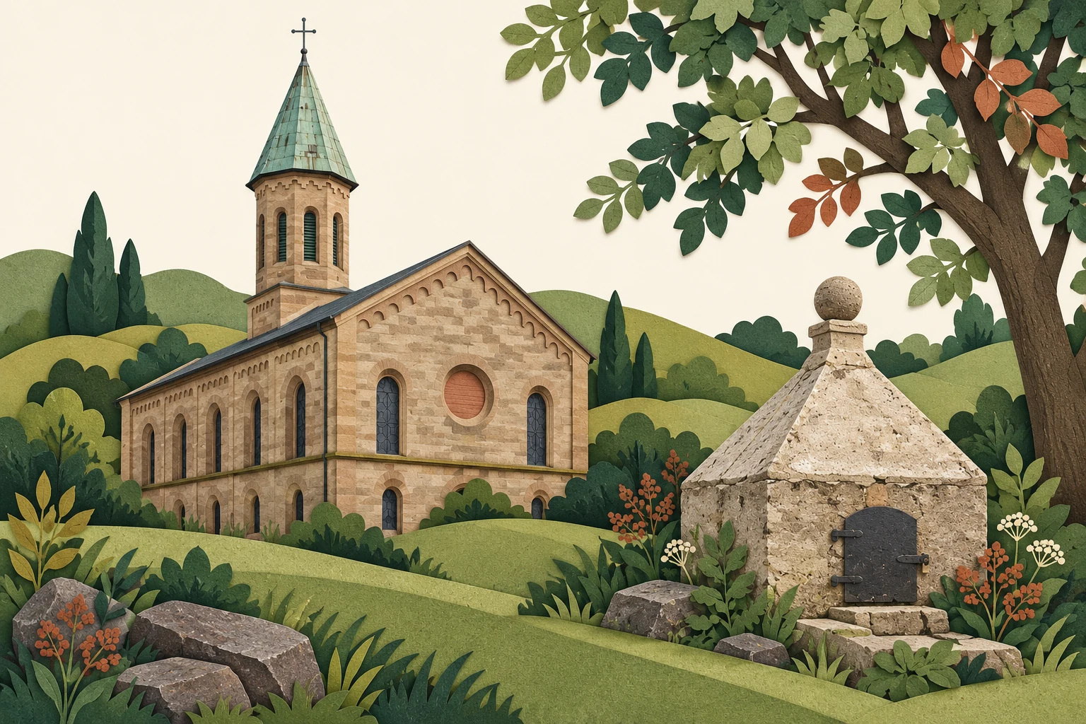 Illustration der Engelröder Kirche und des Backborns zwischen grünen Hügeln