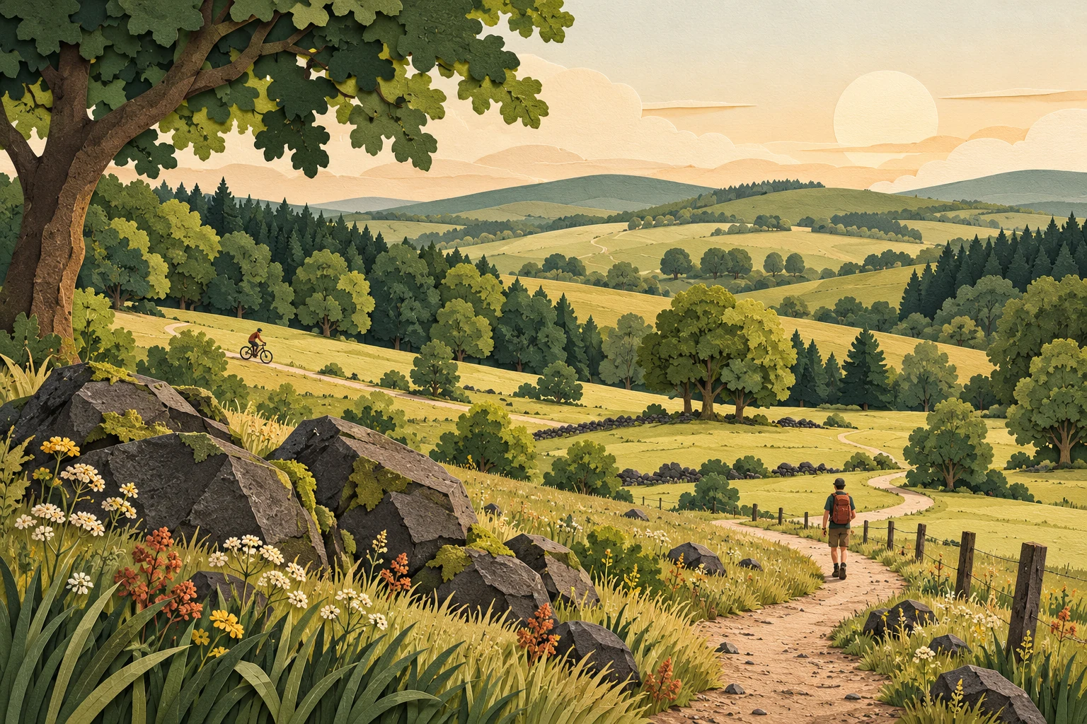 Illustration einer hügeligen Vogelsberglandschaft mit Wanderer und Radfahrer